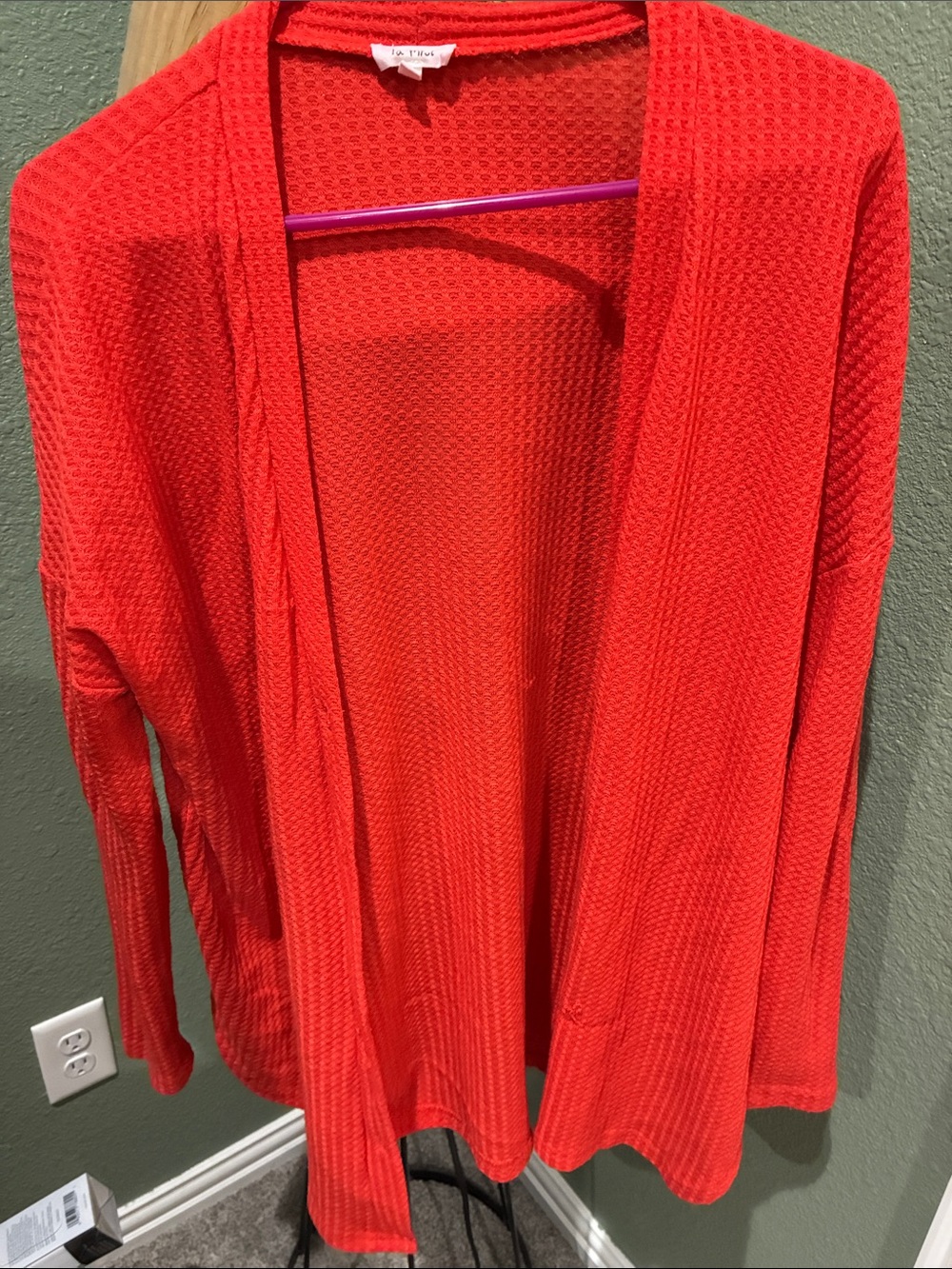 LA MIEL Bright Red Open-Front Waffle Knit Cardigan